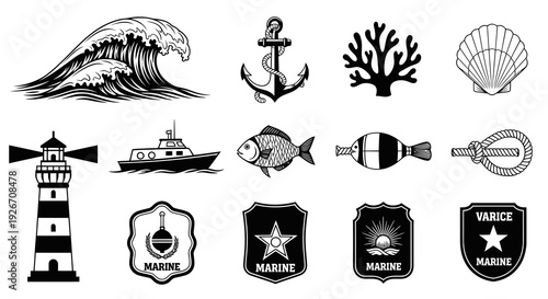 Marine Nautical Black  White Icons Set - Sea Ocean Elements, Lighthouse, Anchor Symbols