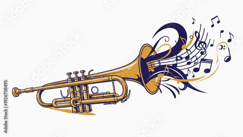 Trumpet with Musical Notes and Swirls.