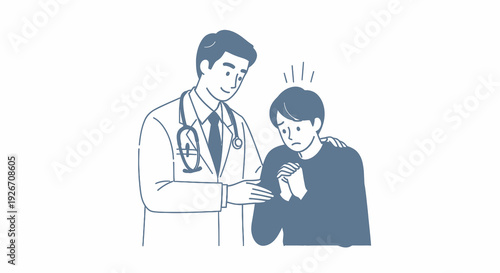 Medical Doctor Comforting Anxious Patient. Flat Line Art Healthcare Illustration.
