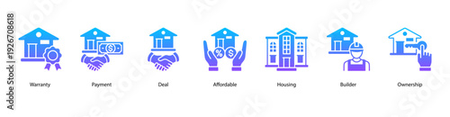 Property Ownership and Management web banner icon vector illustration featuring Warranty, Payment, Deal, Affordable, Housing, Builder, and Ownership.