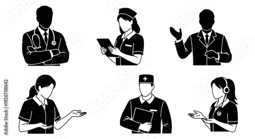 Healthcare Staff Glyph Icons Set: Doctors, Nurses  Medical Professionals Black  White