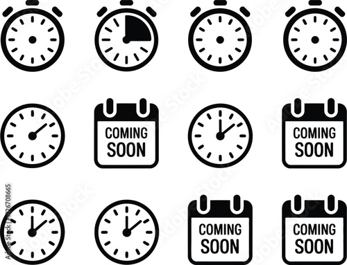 Collection of black and white clock icons with varying designs and coming soon signs