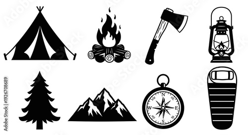 Camping Adventure Outdoor Gear Icons Set in Black Glyph Style