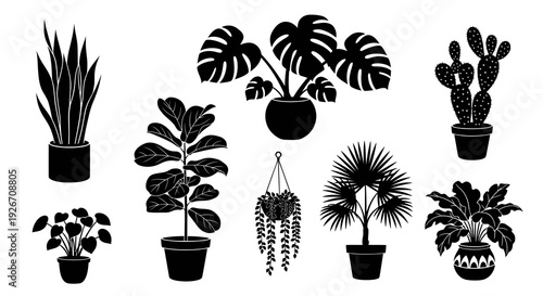 Collection of Black and White Potted Houseplant Silhouettes Vector Illustration