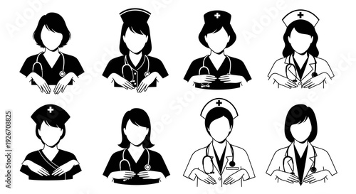 Black  White Female Doctor and Nurse Icons with Stethoscopes - Medical Glyph Art