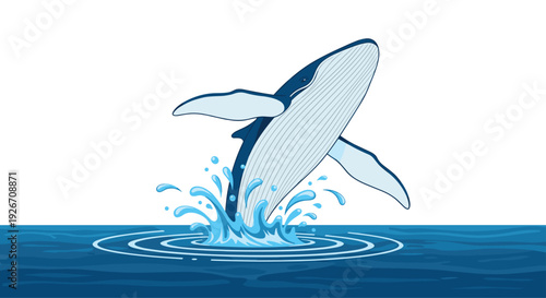 A blue and white humpback whale breaches vertically from the ocean surface creating a large splash and circular water ripples.