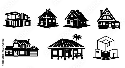 Housing Architecture Black  White Glyph Vector Icons Set of Modern and Traditional Homes
