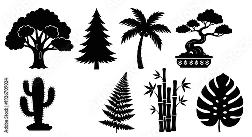 Diverse Botanical Plant Silhouettes Vector Icon Set - Nature, Trees  Foliage Glyphs