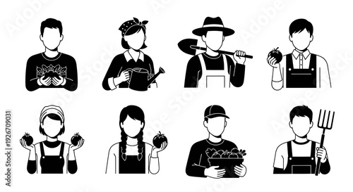Agriculture Industry Glyph Icons: Farmers, Gardeners, Farming Tools, Fresh Produce