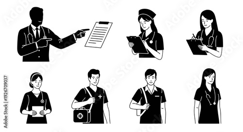 Medical Healthcare Professionals Black  White Line Art Glyph Illustrations Set