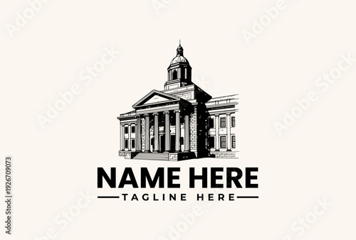 Black and white illustration of a building with a dome and columns, featuring placeholder text for a logo or brand name on a plain background.