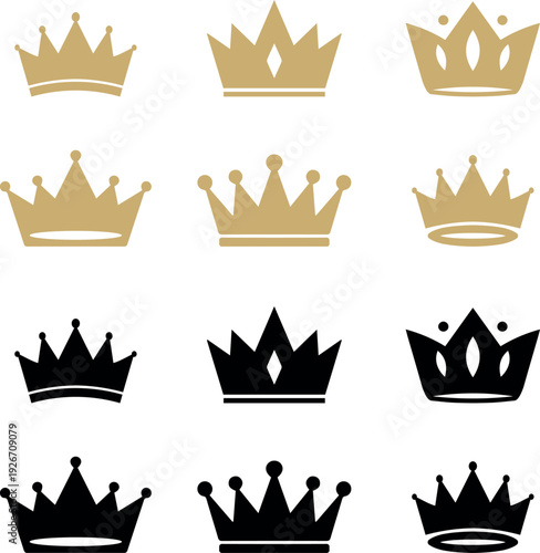 A collection of crown icons in gold and black on a white background.