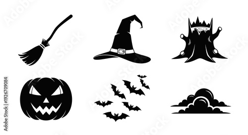 Black and White Flat Halloween Glyph Icons Collection - Spooky Holiday Symbols