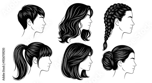 Beauty  Hair Care: Diverse Women's Hairstyles - Black  White Line Art Vector