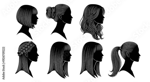 Beauty Industry Female Hairstyles Silhouettes Set Vector Black White Line Art