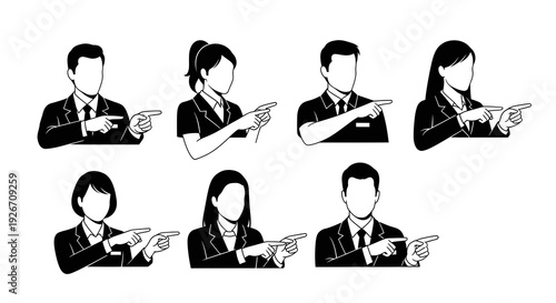 Corporate Professionals Pointing Gesture Vector Icons - Black and White Line Art