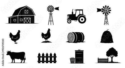 Farming  Agriculture Icons Set: Barn, Tractor, Cow, Chickens, Windmill - Black Silhouette