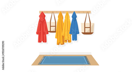 A wooden wall rack holds several colorful raincoats and tote bags above a blue rectangular rug on a light brown floor.