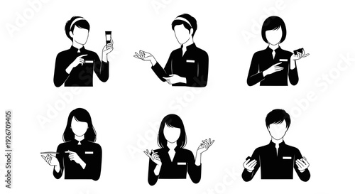 Cosmetics  Beauty Retail Staff Explaining Products - Black  White Flat Vector Icons