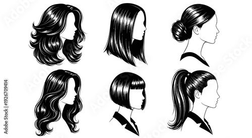 Hair  Beauty: Black and White Vector Female Hairstyles and Haircuts Illustrations