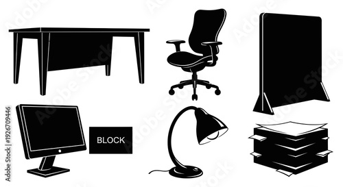 Black and White Office Icons Set: Desk, Chair, Monitor, Lamp, Divider