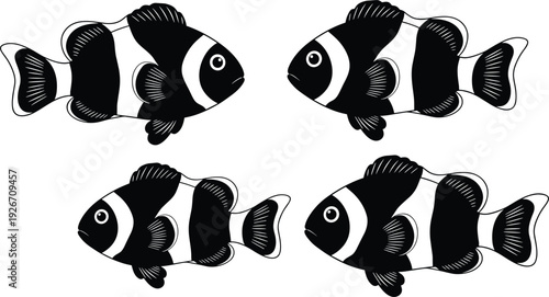 Clownfish vector set, anemone fish silhouette, tropical coral reef wildlife, marine nature icons, aquatic sea life, orange white fish, underwater.