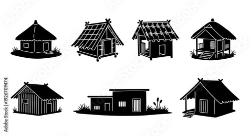 Traditional Huts Houses Silhouette Icons Set - Rural Architecture Culture Glyphs