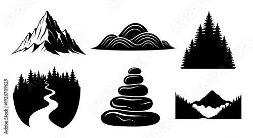 Nature  Outdoor Icons: Mountains, Forests, Zen Stones Black Silhouette Vector Set