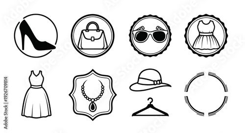 Black and White Line Art Fashion and Accessories Glyph Icons Set