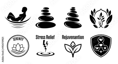 Spa, Wellness  Relaxation Glyph Icons Set: Zen Stones, Lotus, Stress Relief, Rejuvenation