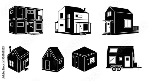 Architecture  Housing: Black and White Glyphs of Tiny Houses and Small Residential Dwellings