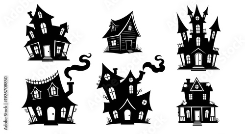 Halloween Haunted Houses Black and White Silhouette Vector Graphics Set