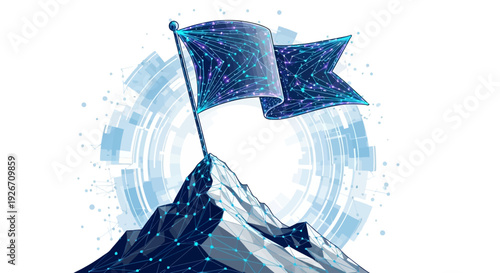 A digital flag planted atop a mountain of connected nodes