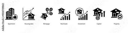 Housing Market Trends web banner icon vector illustration featuring Apartment, Housing Rates, Mortgage, Real Estate, Investment, Capital, and Property.