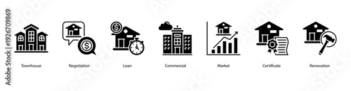 Real Estate Transactions web banner icon vector illustration featuring Townhouse, Negotiation, Loan, Commercial, Market, Certificate, and Renovation.