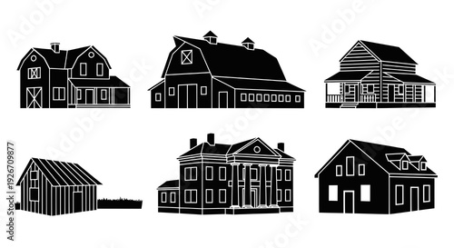 Architecture: Black  White Glyph Icons of Houses, Barns, and Residential Buildings