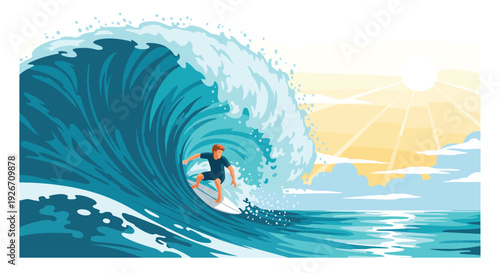 A red-haired surfer in a dark wetsuit rides a white board inside a massive blue wave under a bright sun and orange sky.