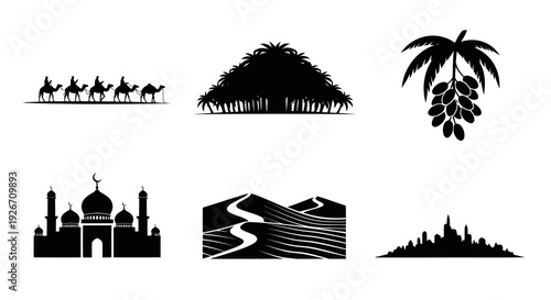Islamic Middle East Culture  Desert Travel Silhouettes Vector Set
