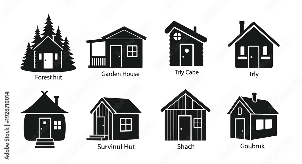 Fototapeta premium Outdoor Housing Architecture: Vector Black Silhouette Icons of Huts, Cabins, Dwellings