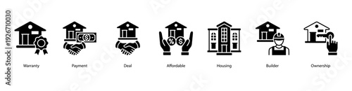 Property Ownership and Management web banner icon vector illustration featuring Warranty, Payment, Deal, Affordable, Housing, Builder, and Ownership.