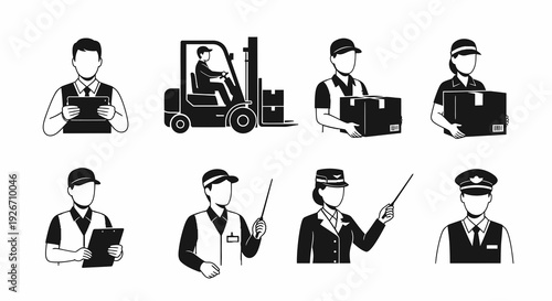 Logistics and Supply Chain Workers Glyph Icons Set in Black  White Line Art
