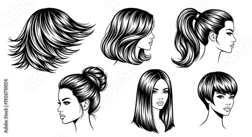 Beauty Fashion Hairstyles Vector Illustration Set - Female Faces Black  White Line Art