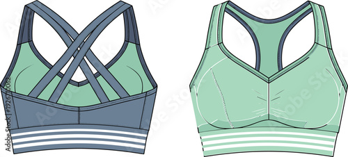 Women sports bra front and back view vector illustration racerback athletic fitness apparel template isolated background