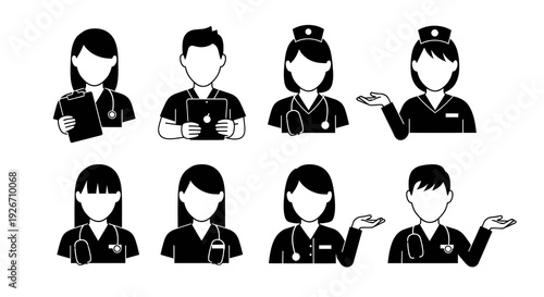 Medical Healthcare Professionals Glyph Icons Set: Doctors and Nurses with Tools