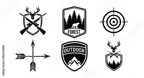 Hunting Outdoor Adventure Bear Deer Rifles Arrows Target Emblems Black White Glyph Icons