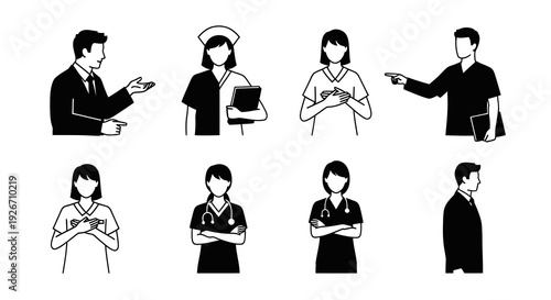 Medical and Business Professionals Glyph Icons Set - Black and White Line Art
