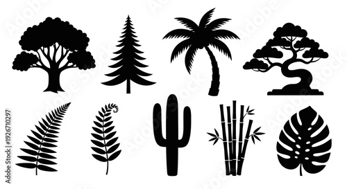 Diverse Botanical Trees and Plants Black Silhouette Vector Icons Set