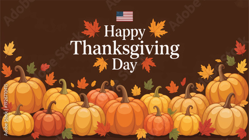 A festive Thanksgiving Day illustration featuring pumpkins and autumn leaves with a greeting message from the perspective of a celebrant.