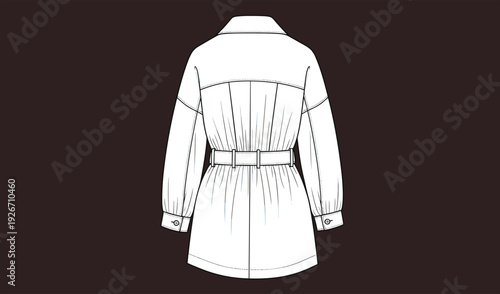 Women trench coat back view vector illustration belted long sleeve fashion outerwear template isolated on dark background