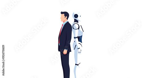 A businessman in a dark suit and a white humanoid robot stand back-to-back against a plain white background.